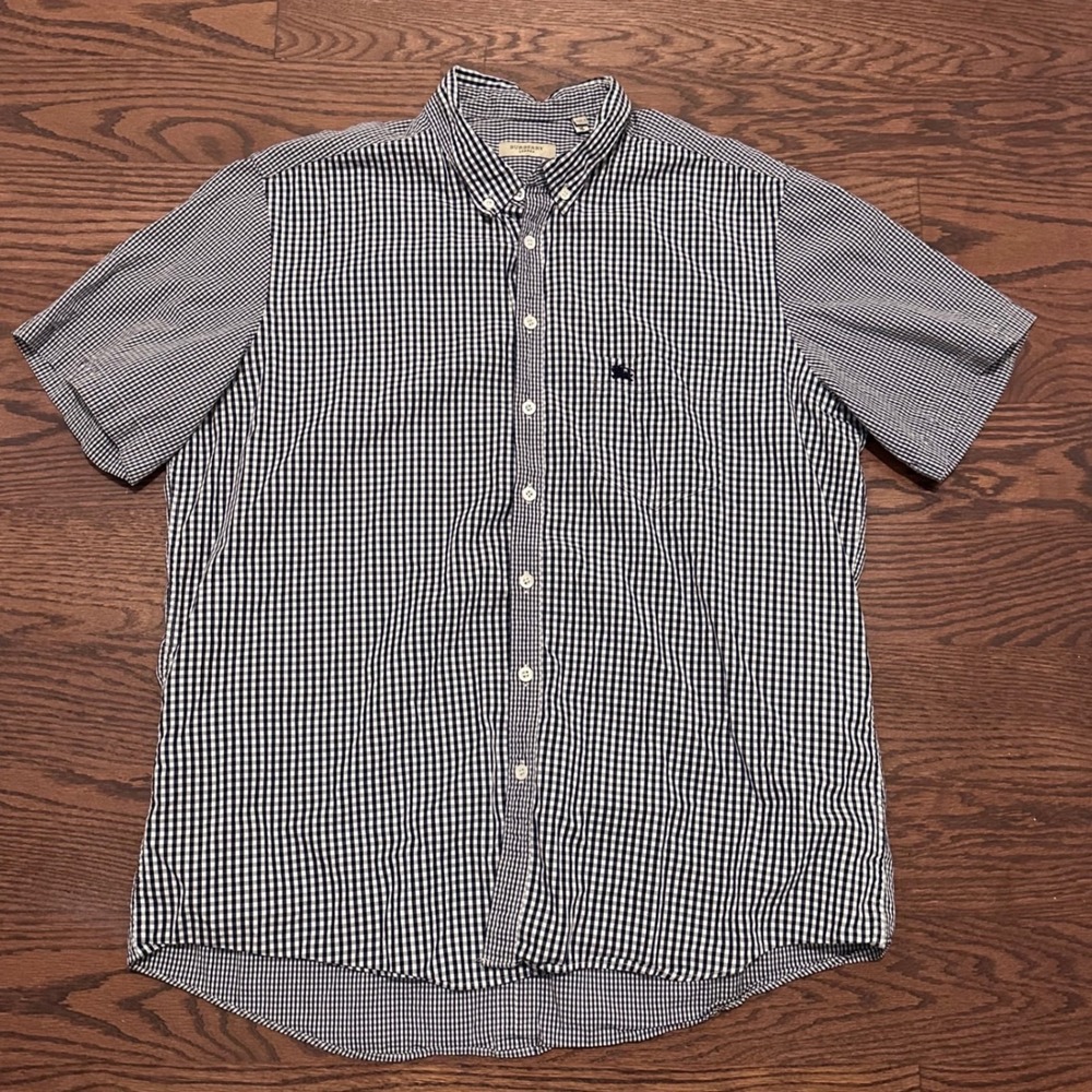 Burberry London Mens XL Navy Blue Gingham Short Sleeve Button Down Cotton Shirt